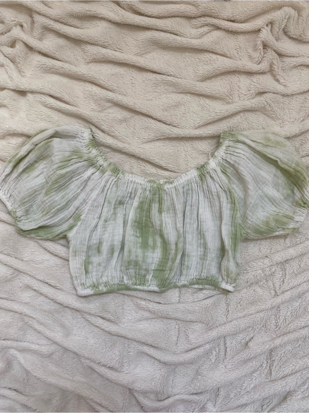Free People "Stroll in Kyoto" crop top puff sleeves tie dye bardot neck Sz XS